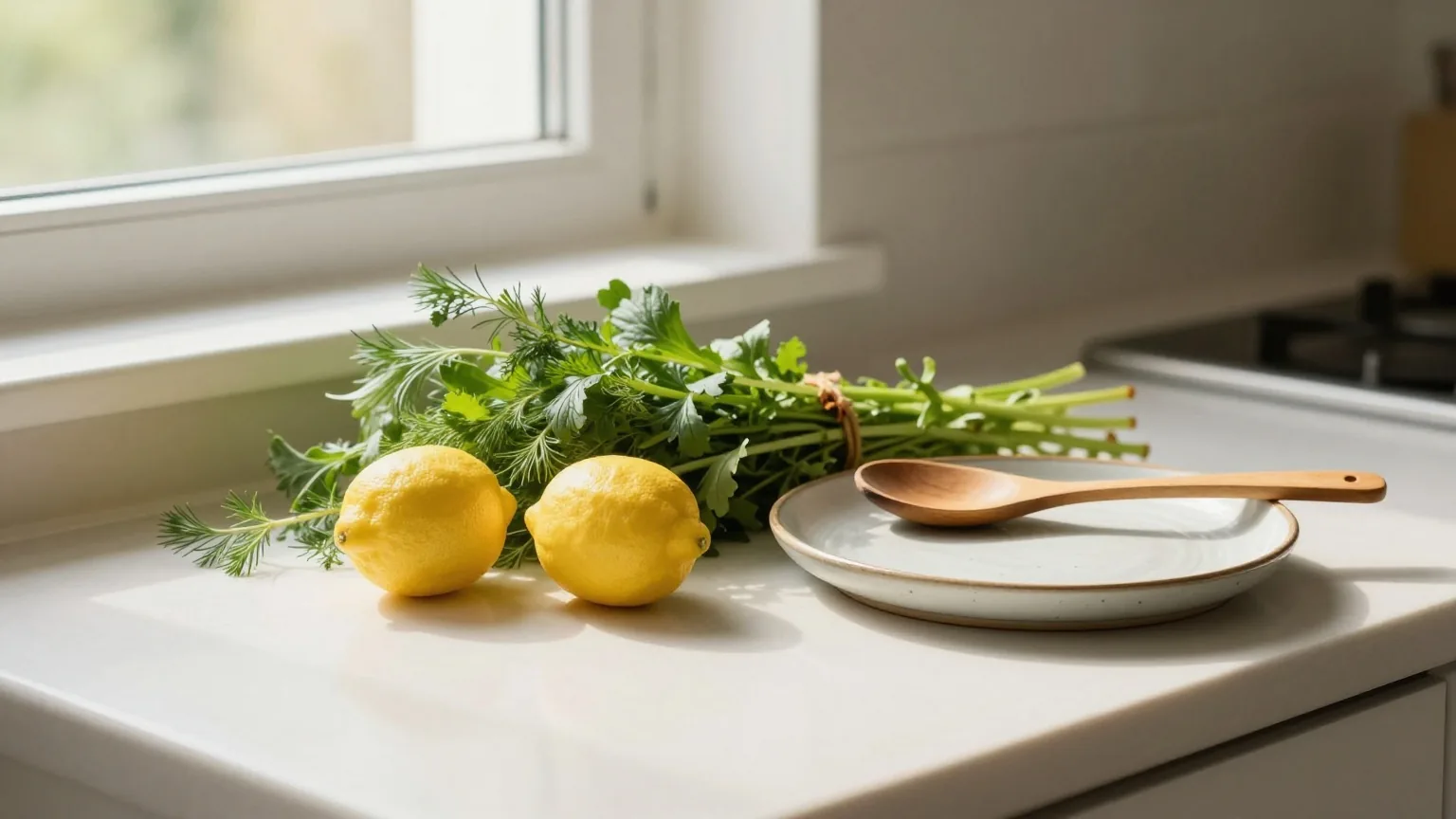 Kräuterbund, zwei Zitronen und ein Holzlöffel neben einem leeren Keramikteller auf einer Küchenarbeitsplatte im Nachmittagslicht