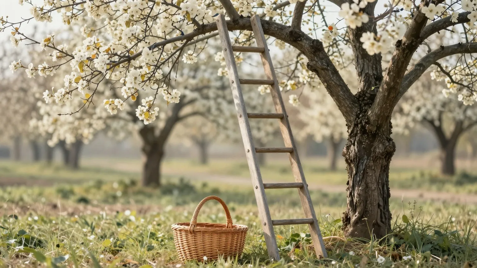 Holzleiter an einem alten Birnbaum in einer stillen Obstwiese, ein Weidenkorb im Gras darunter, weiches Morgenlicht im Spätsommer