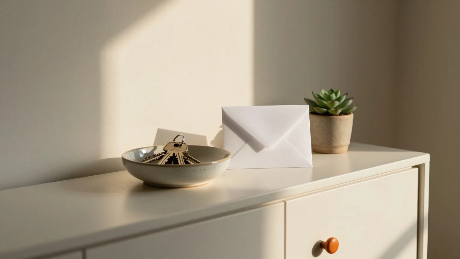 Flurkommode im Abendlicht einer Lampe mit einem Schlüsselbund in einer Keramikschale, daneben ein weißer Umschlag und eine kleine Sukkulente
