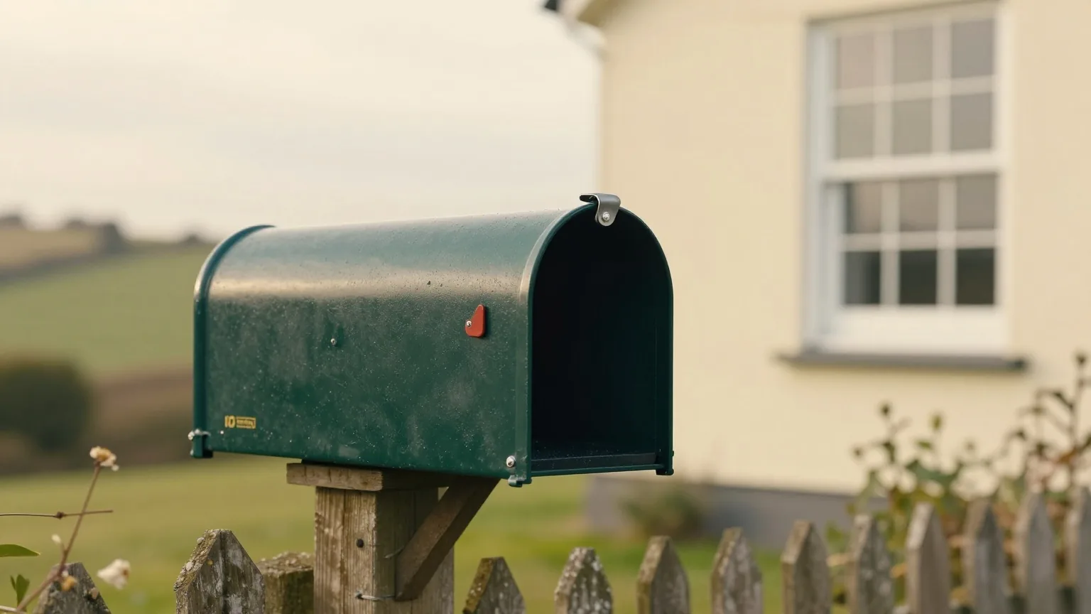 Halb geöffneter grüner Briefkasten an einem Gartenzaun in hügeliger Landschaft bei bedecktem Morgenlicht