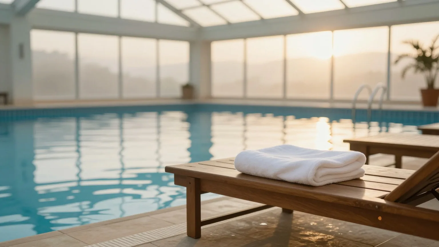 Leeres Schwimmbecken mit ruhigem Wasser und ein gefaltetes weißes Handtuch auf einer Holzliege, weiches Licht durch ein Glasdach am frühen Morgen