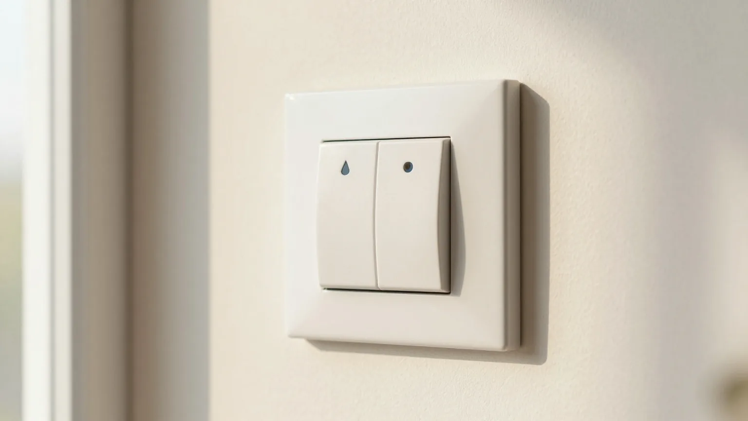 Ein schlichter weißer Lichtschalter an einer Wand in Aus-Stellung im weichen Tageslicht