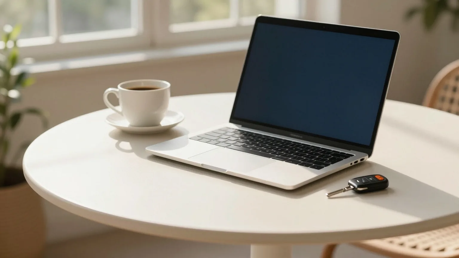 Zugeklappter Laptop und ein Autoschlüssel auf einem Gartentisch auf der Terrasse, daneben eine Kaffeetasse, frühe Morgensonne