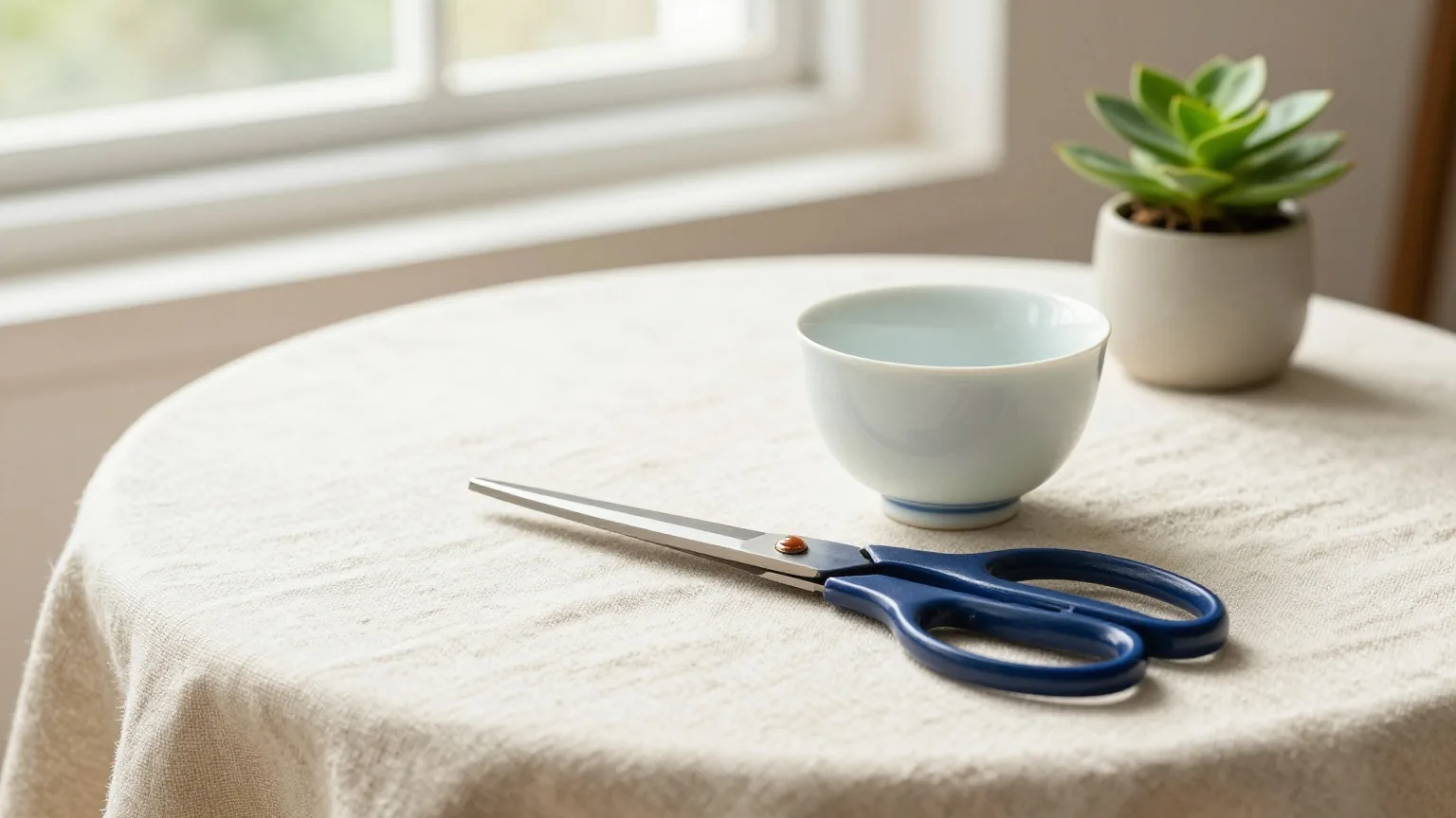 Schere neben einer Teetasse und einer kleinen Topfpflanze auf einer hellen Leinentischdecke im weichen Tageslicht