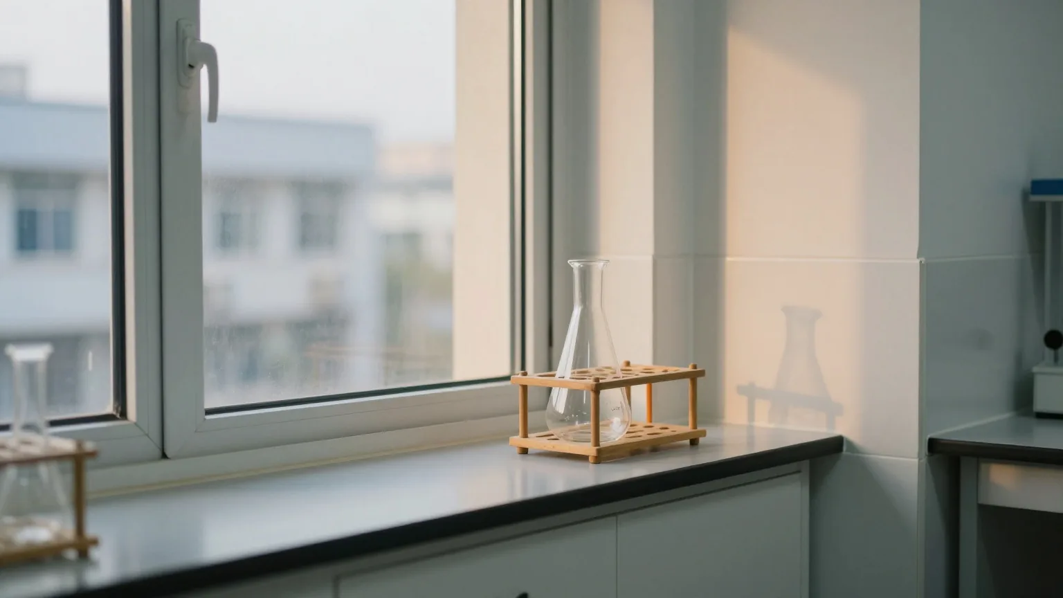 Laborgläser trocknen kopfüber auf einem Holzgestell neben einem hohen Fenster in einem ruhigen Chemielabor, weiches Abendlicht auf weißen Fliesen