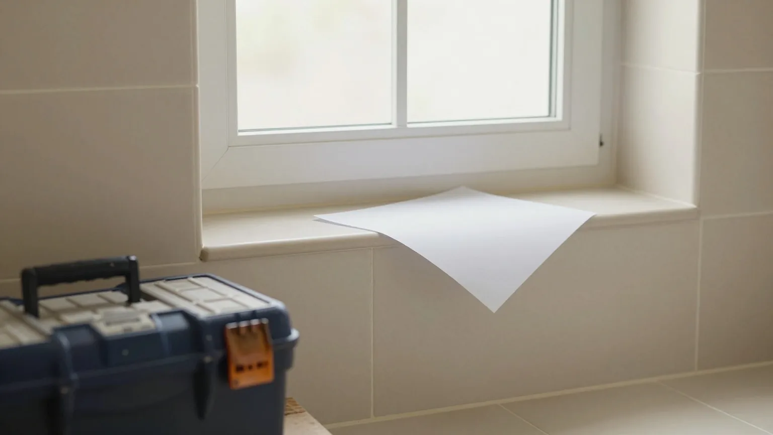 Gefliestes Badezimmer in Renovierung im weichen Tageslicht, ein geschlossener Werkzeugkasten am Boden und ein gefaltetes leeres Blatt auf der Fensterbank