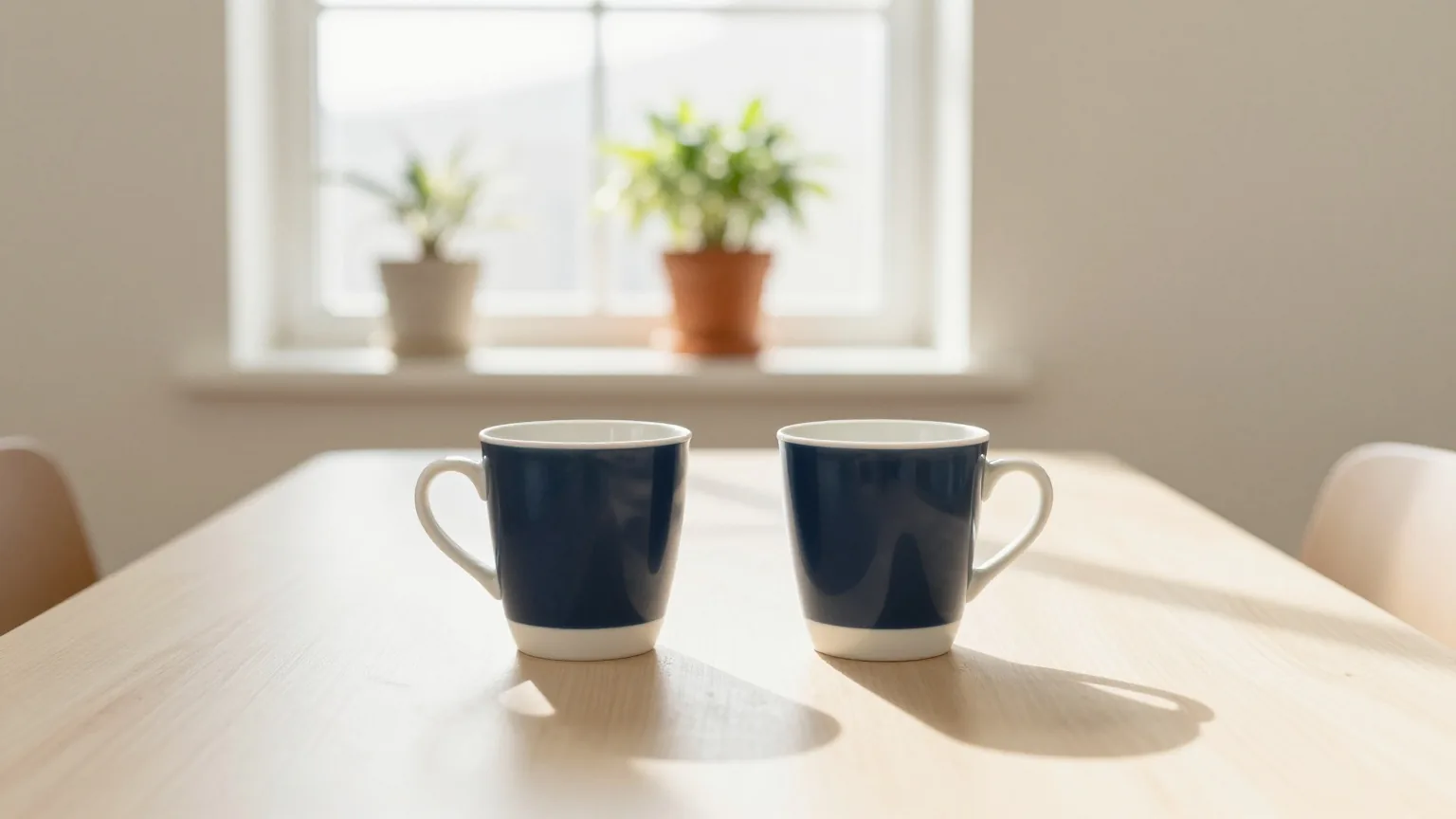 Zwei unterschiedliche Kaffeetassen nebeneinander auf einem langen hellen Besprechungstisch in einem leeren, sonnigen Raum, am Fenster eine Topfpflanze