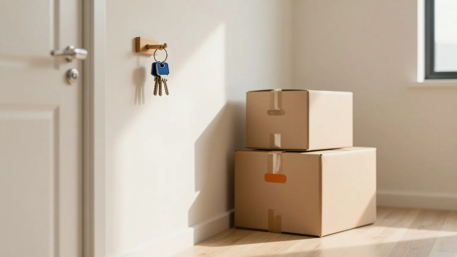 Wohnungsschlüssel an einem Holzhaken neben zwei geschlossenen Umzugskartons in einem leeren Flur im Licht des späten Nachmittags