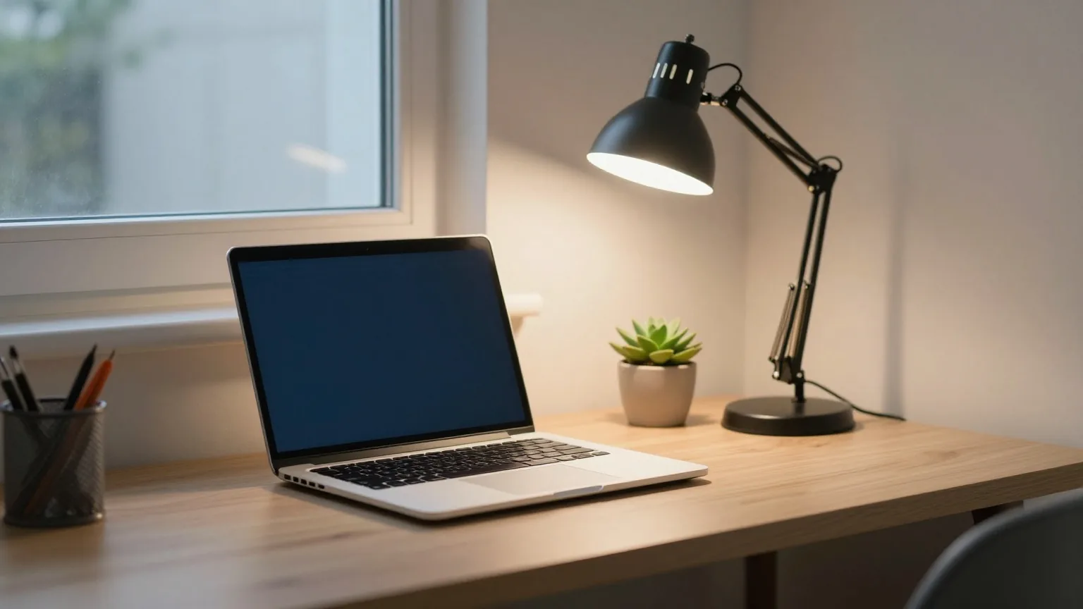 Aufgeräumte Arbeitsecke in der Dämmerung mit zugeklapptem Laptop, eingeschalteter Schreibtischlampe und kleiner Sukkulente auf einem hellen Eichentisch