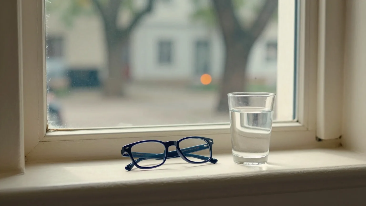 Brille und ein Glas Wasser auf einem Fensterbrett über einem ruhigen Innenhof mit Platanen im kühlen Morgenlicht