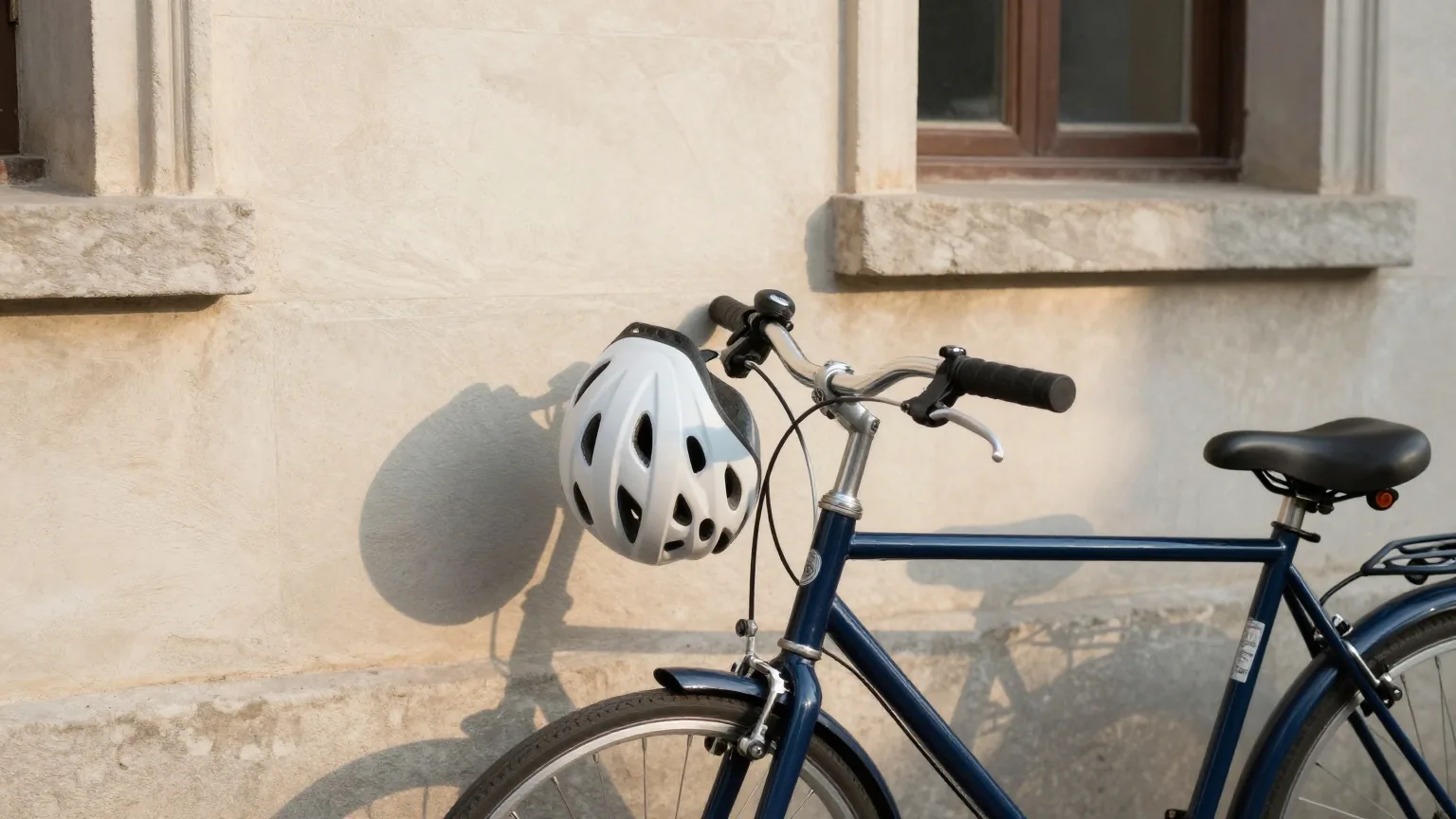 Fahrradhelm am Lenker eines Stadtrads, das an einer sonnigen Steinmauer in einem ruhigen Innenhof lehnt, später Nachmittag