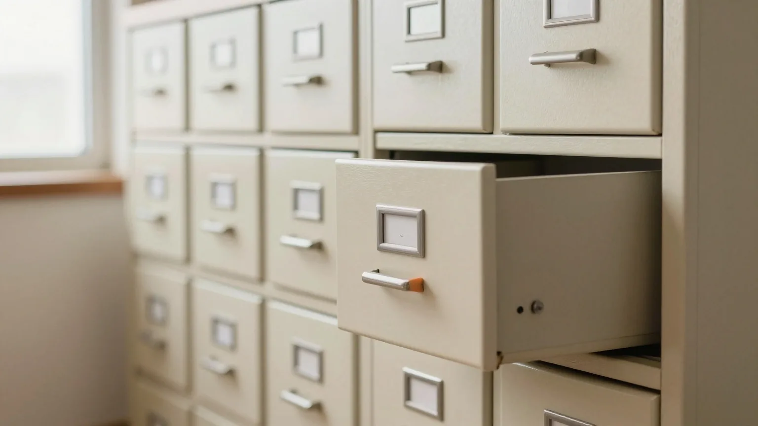 Eine ruhige Reihe kleiner Holzschubladen in einem alten Aktenschrank, eine Schublade leicht geöffnet, weiches Tageslicht von der Seite