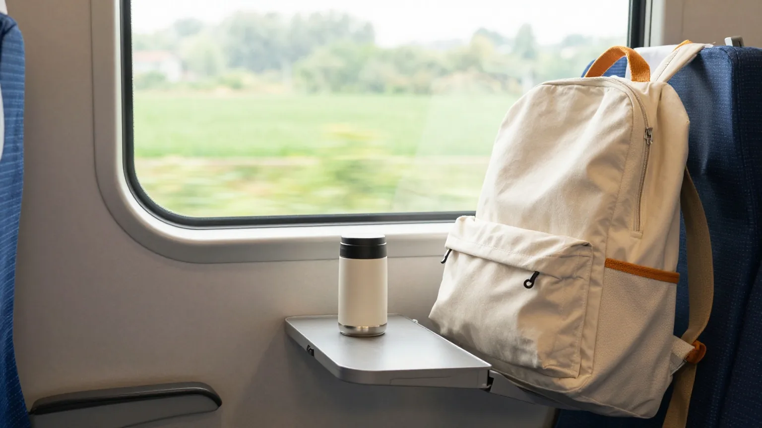 Fensterplatz im Zug mit geschlossenem Rucksack und Thermobecher auf dem Klapptisch, draußen grüne Felder im weichen Morgenlicht