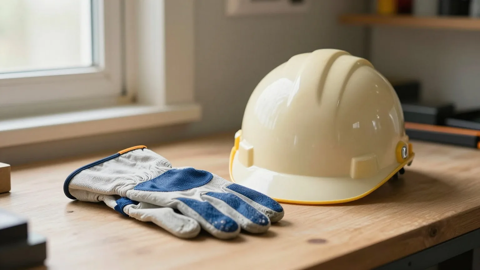 Arbeitshandschuhe und ein Helm auf einer Werkbank in einer aufgeräumten Garage, weiches seitliches Licht aus einem kleinen Fenster