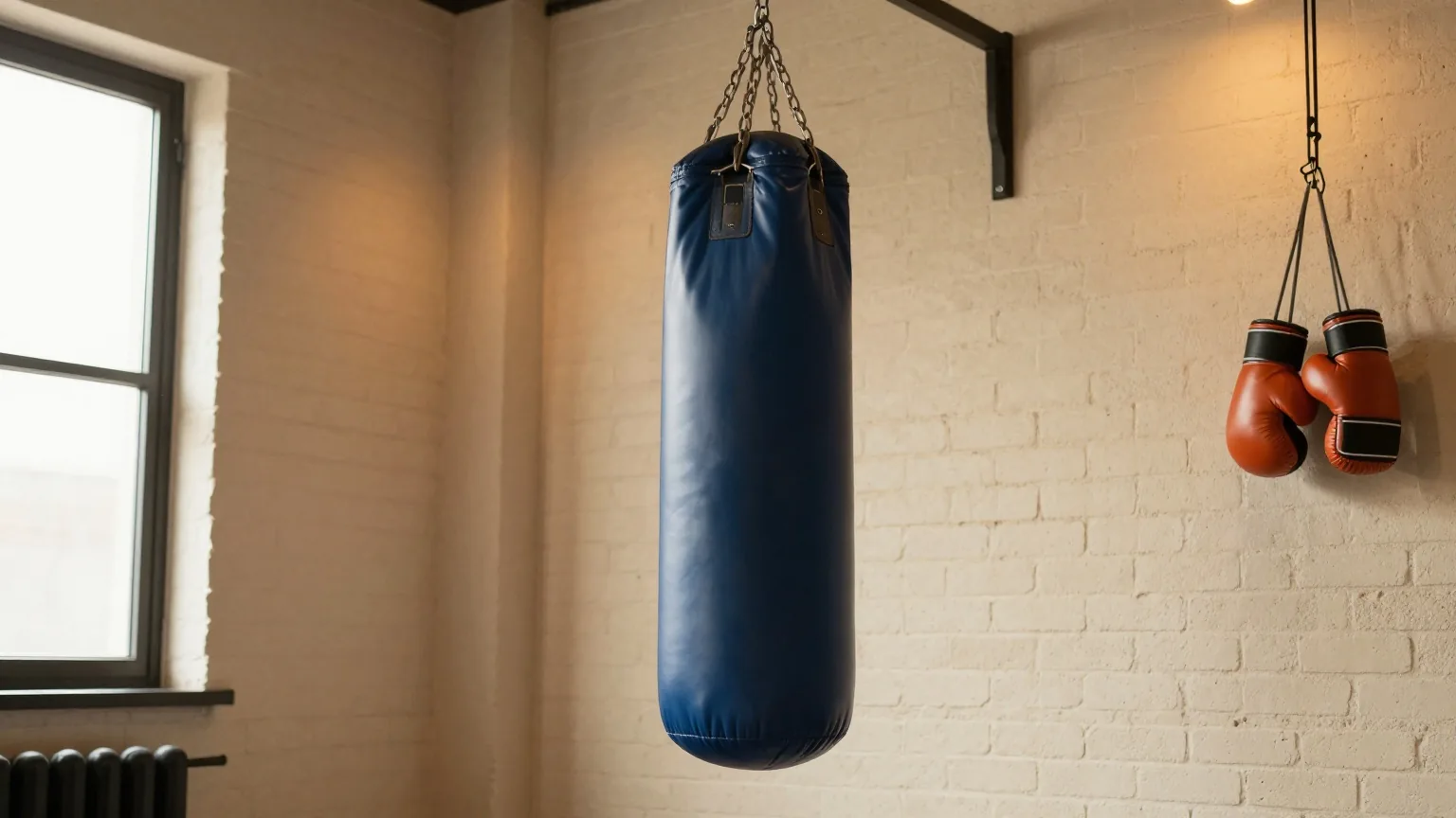 Boxsack und Boxhandschuhe in einem schwach beleuchteten Fitnessclub mit Backsteinwänden und warmem Spotlicht