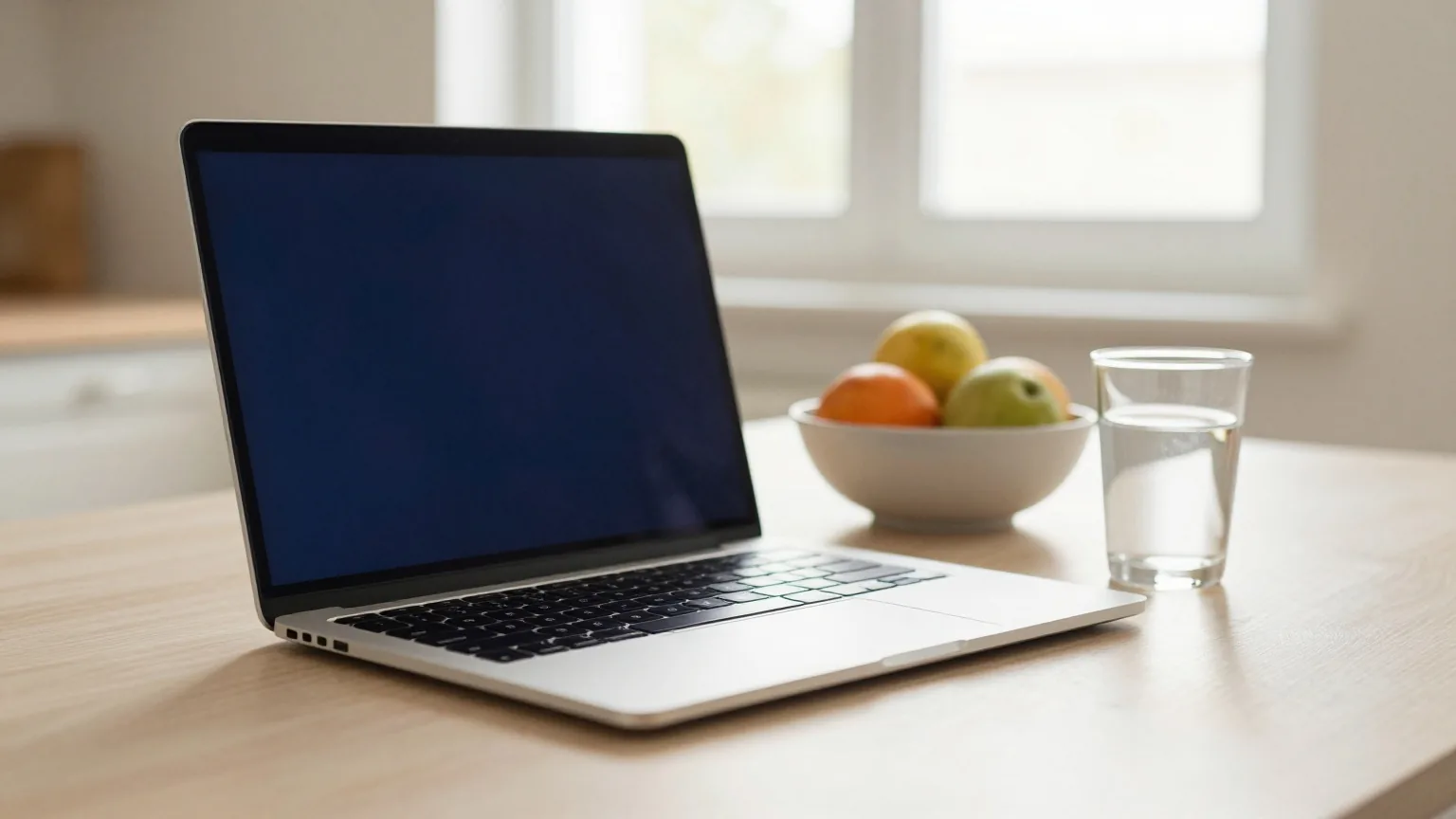 Ein geschlossener Laptop auf einem Küchentisch neben einer Obstschale und einem Wasserglas im hellen Mittagslicht