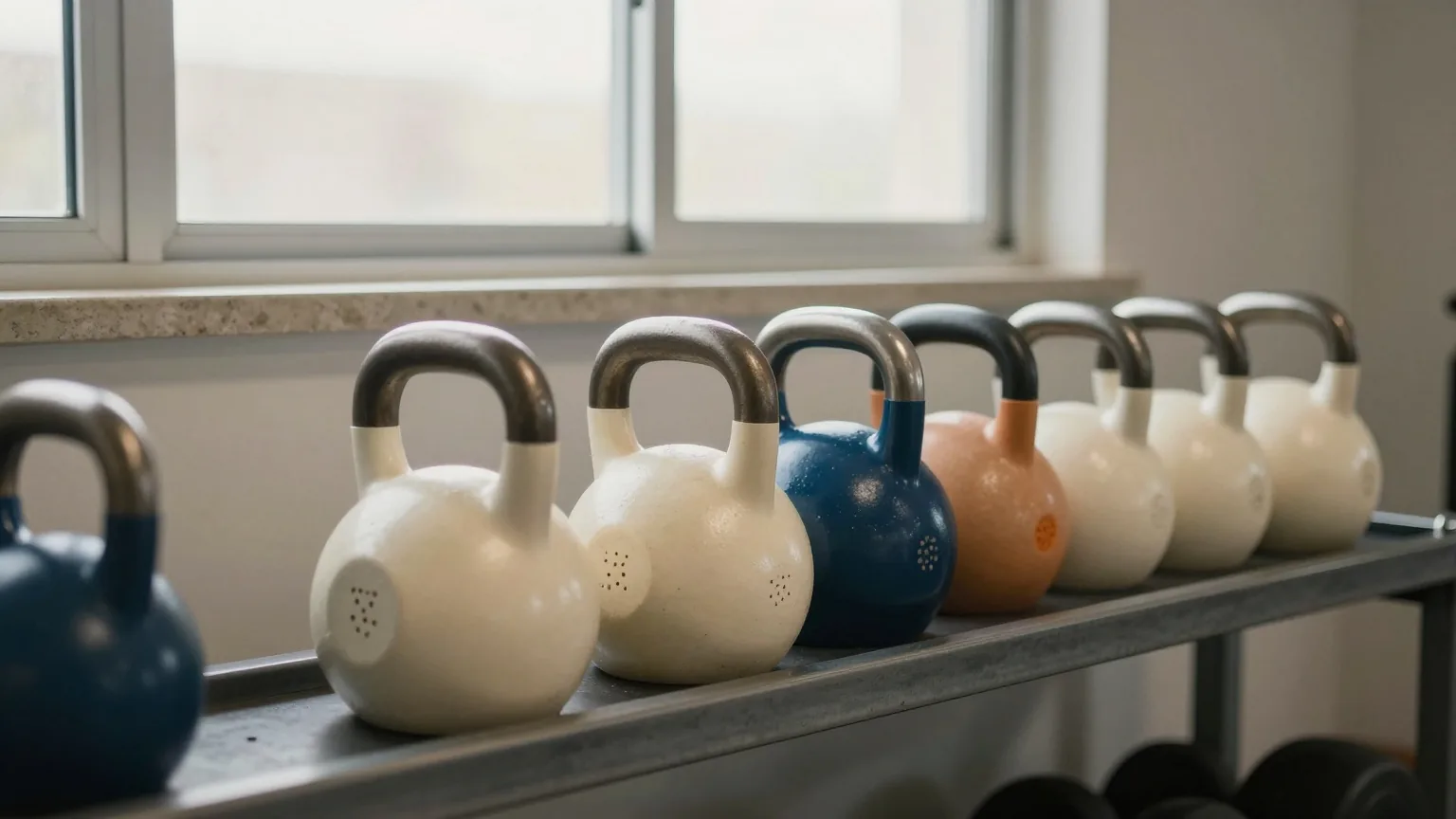 Reihe von Kettlebells auf einem Metallgestell in einem leeren Hantelraum, kühles graues Licht aus einem hohen Fenster am frühen Morgen