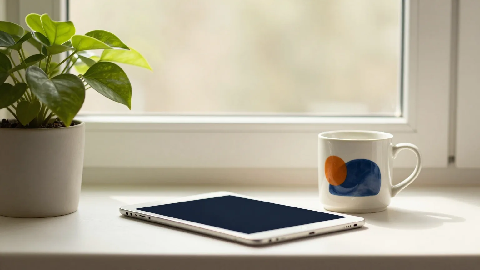 Zimmerpflanze und Keramiktasse auf einer Fensterbank neben einem Tablet mit ausgeschaltetem Bildschirm im grauen Morgenlicht