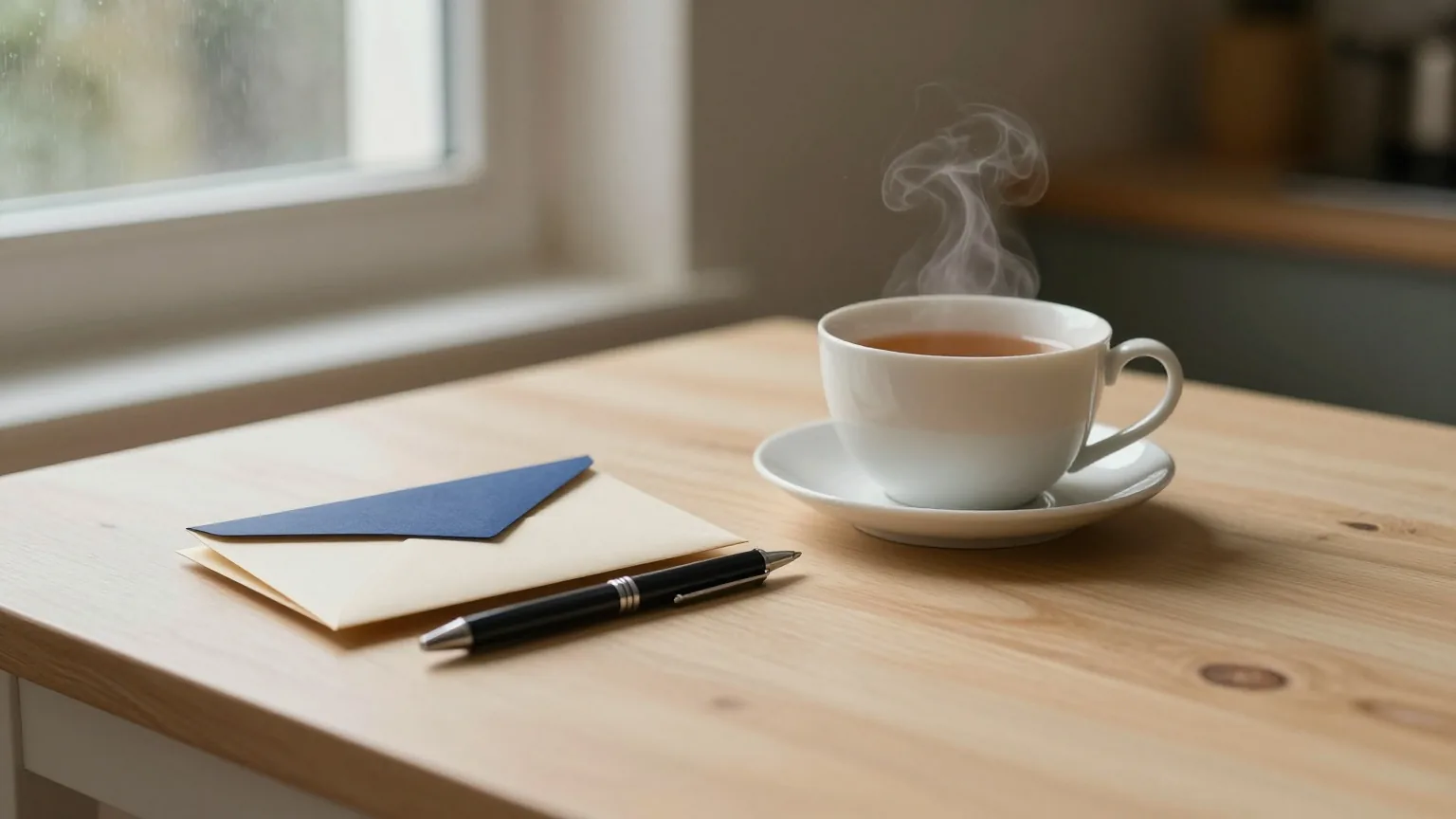 Ruhiger Küchentisch mit einer Tasse Tee, einem Stift und einem kleinen Stapel ungeöffneter Briefumschläge im warmen Lampenlicht an einem Regenabend