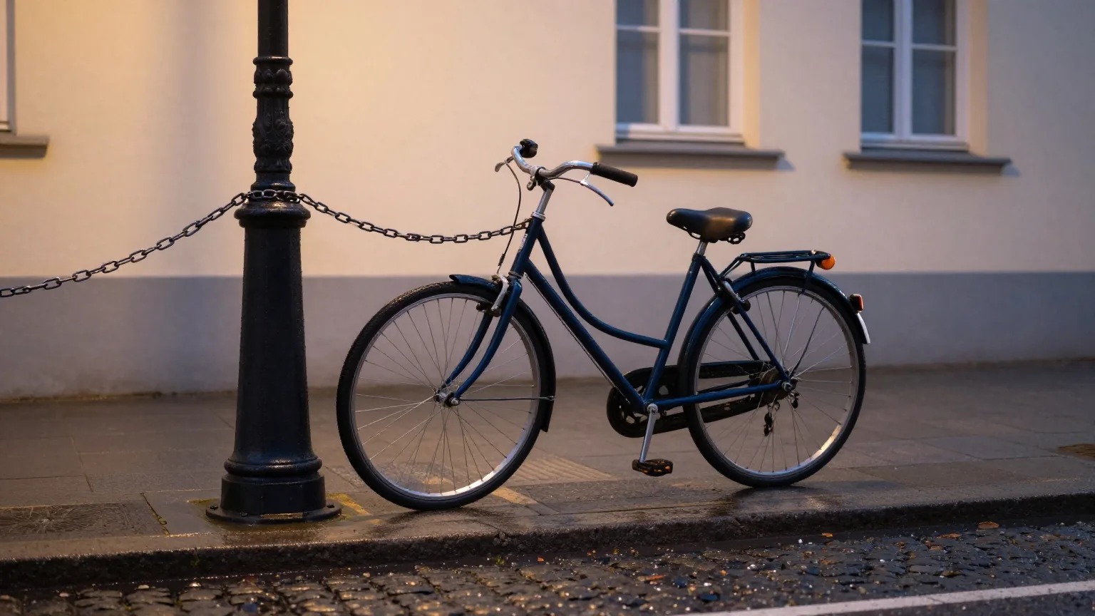 Fahrrad mit schwerer Kette an einen Laternenmast geschlossen, nasses Kopfsteinpflaster in der Dämmerung