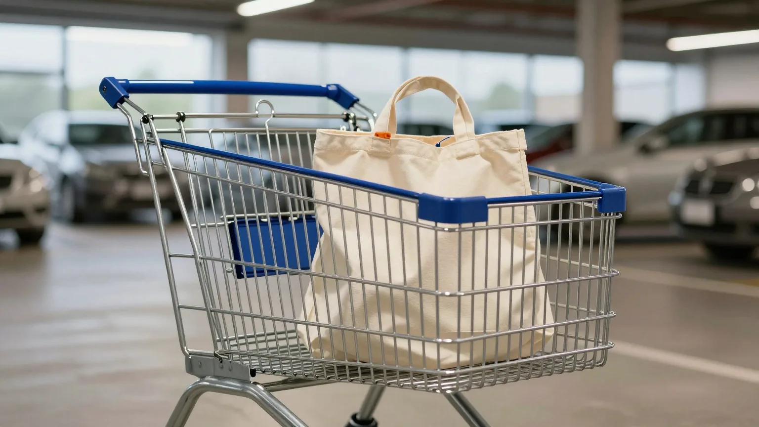 Leerer Einkaufswagen mit zusammengefalteter Stofftasche auf einem ruhigen Supermarktparkplatz in der Abenddämmerung