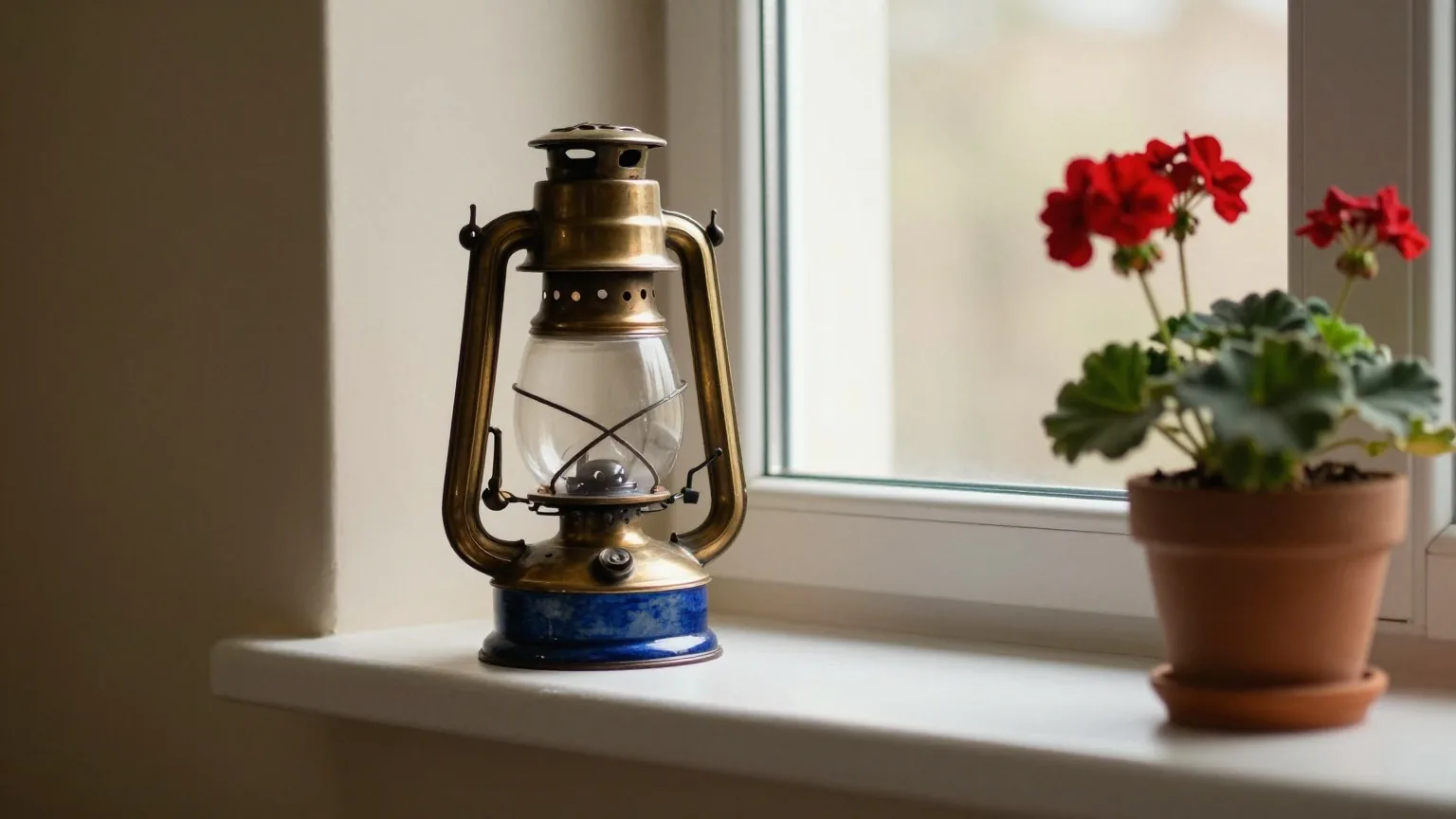 Alte Grubenlampe aus Messing auf einer Fensterbank neben einer roten Geranie, weiches Nachmittagslicht fällt in ein ruhiges Wohnzimmer