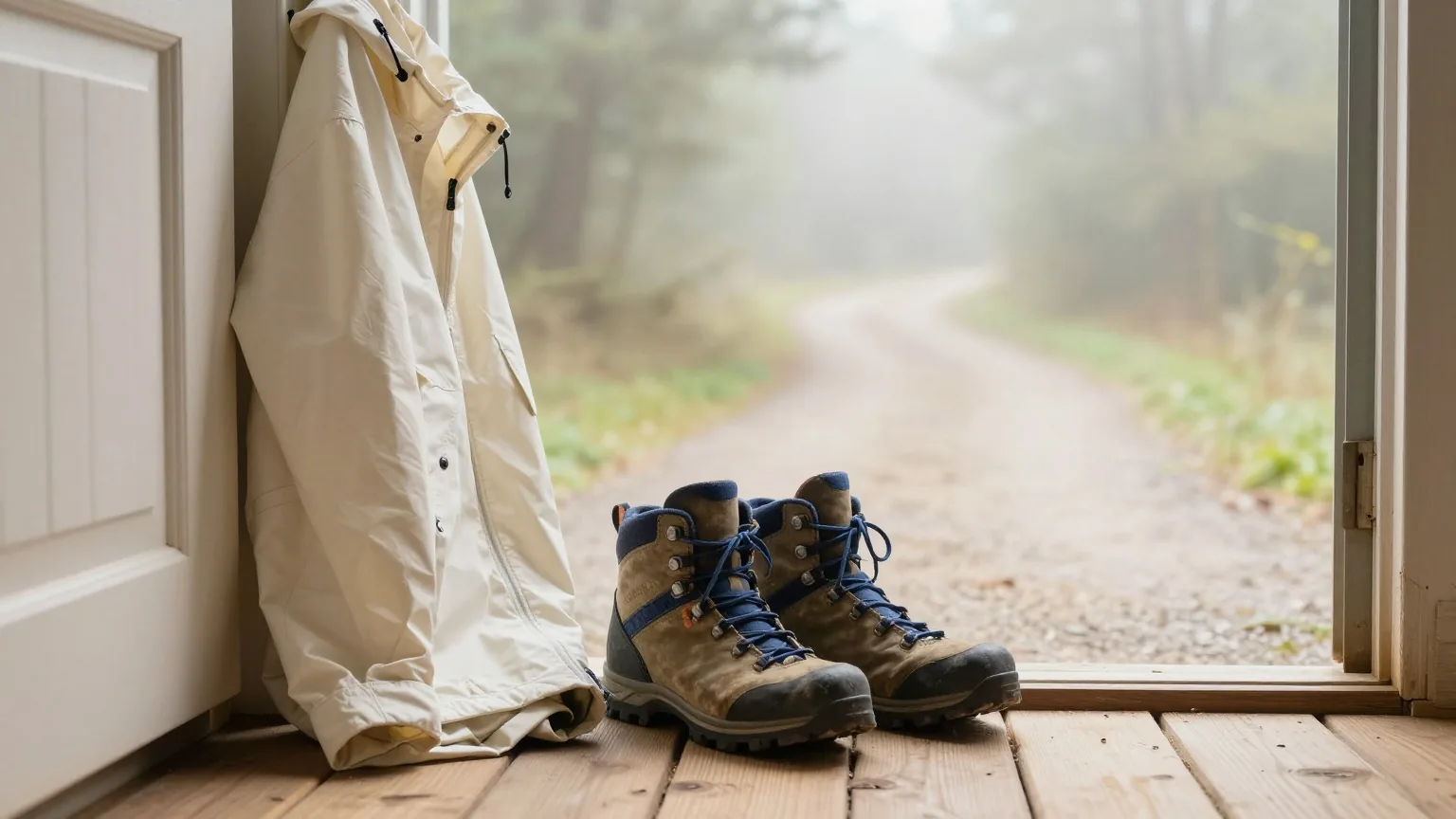 Ein Paar abgetragene Wanderschuhe auf einer hölzernen Türschwelle neben einer gefalteten Regenjacke, im Hintergrund ein ruhiger Waldweg im Morgennebel