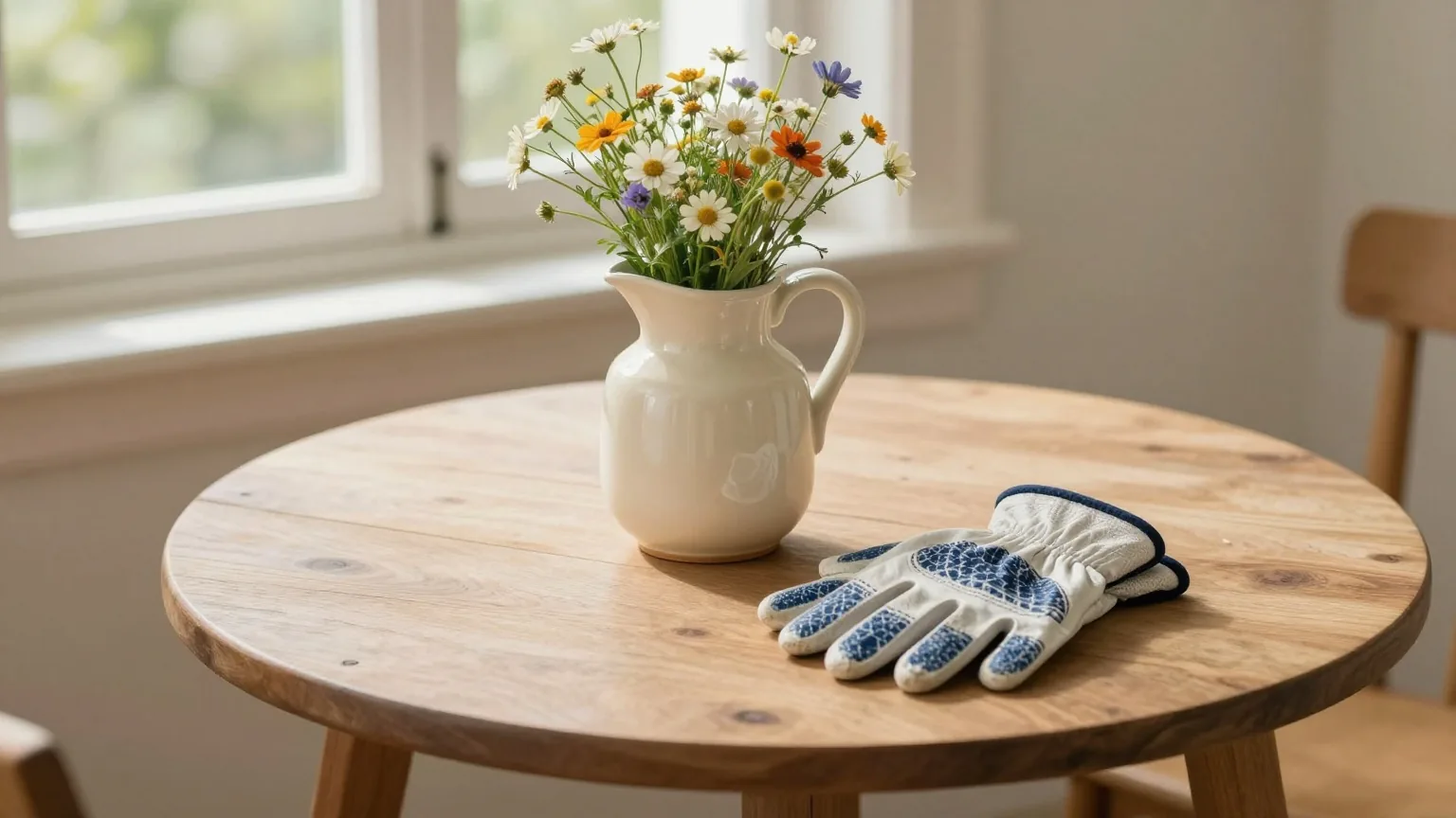 Holztisch im Garten mit einem Keramikkrug voller Wiesenblumen und Gartenhandschuhen, weiches Licht am späten Nachmittag, von leicht oben gesehen