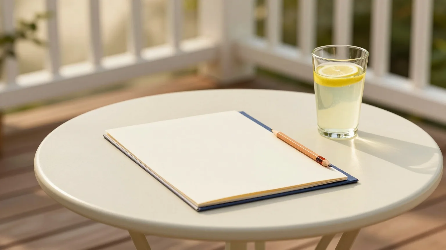 Gartentisch auf einer Holzterrasse am späten Nachmittag mit geschlossener Mappe, Bleistift und einem Glas Limonade, Sonnenlicht durch eine Pergola