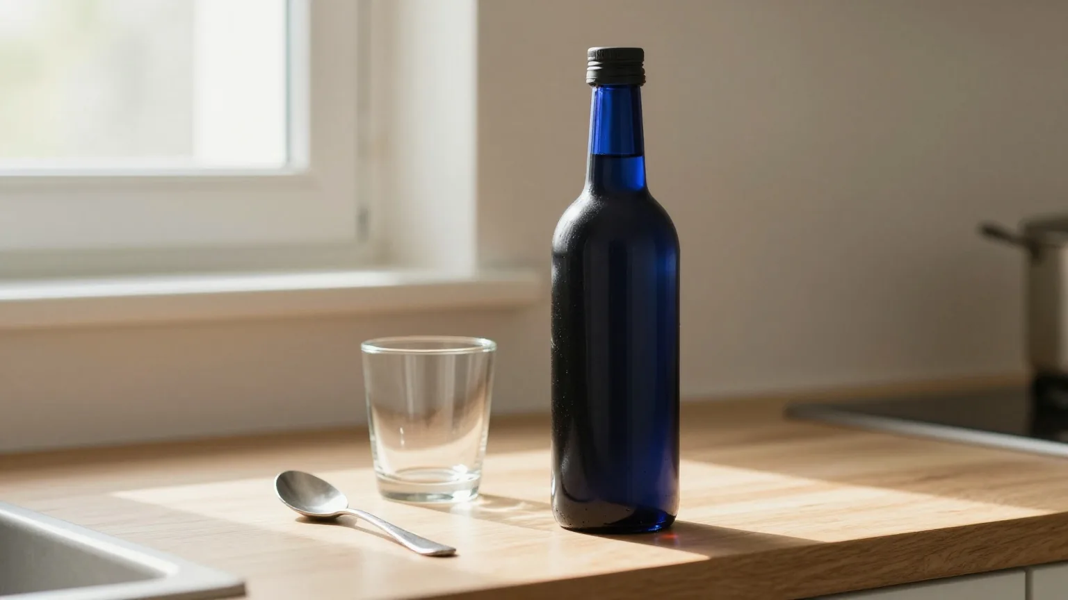 Dunkle Glasflasche mit schlichtem Verschluss auf einer Küchenarbeitsplatte neben einem leeren Glas und einem Löffel im Morgenlicht