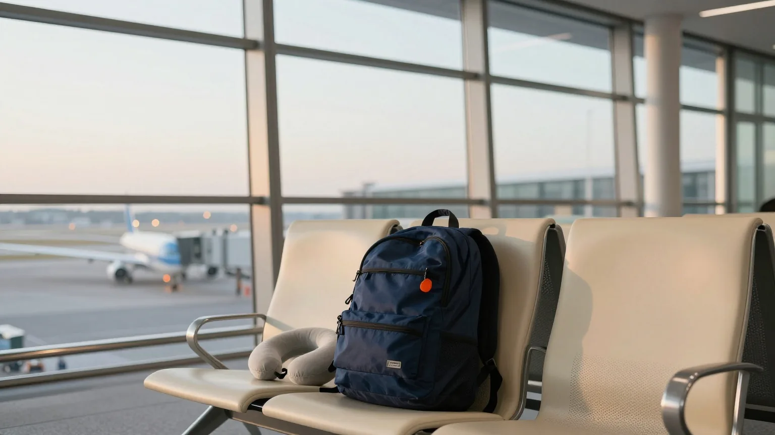 Wartebereich am Flughafengate in der Morgendämmerung mit Rucksack und Nackenkissen auf einem leeren Sitz, dahinter hohe Fenster und Lichter der Startbahn