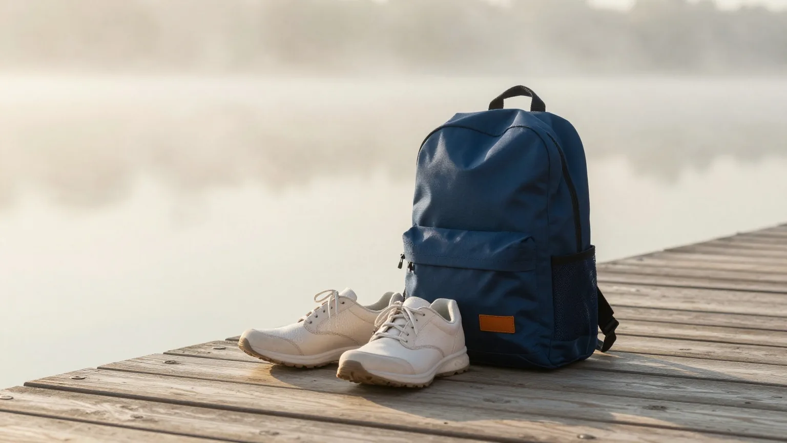 Wanderschuhe neben einem kleinen Rucksack auf einem Holzsteg über stillem Wasser im Morgennebel