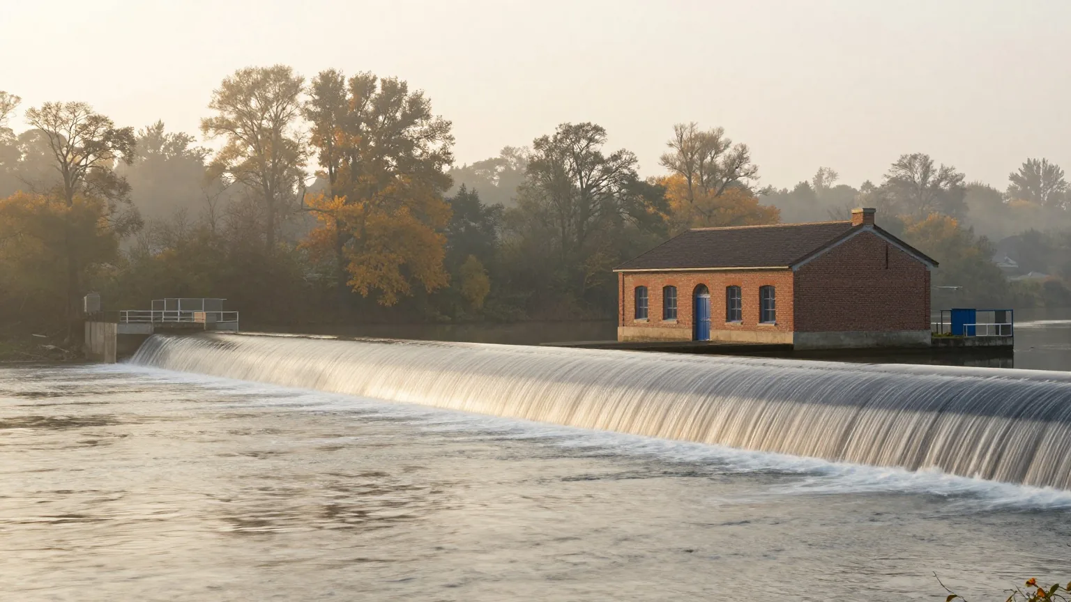 Ruhiges Flusswehr neben einem kleinen Wasserkraftwerk aus Backstein, Herbstbäume am Ufer im Morgennebel