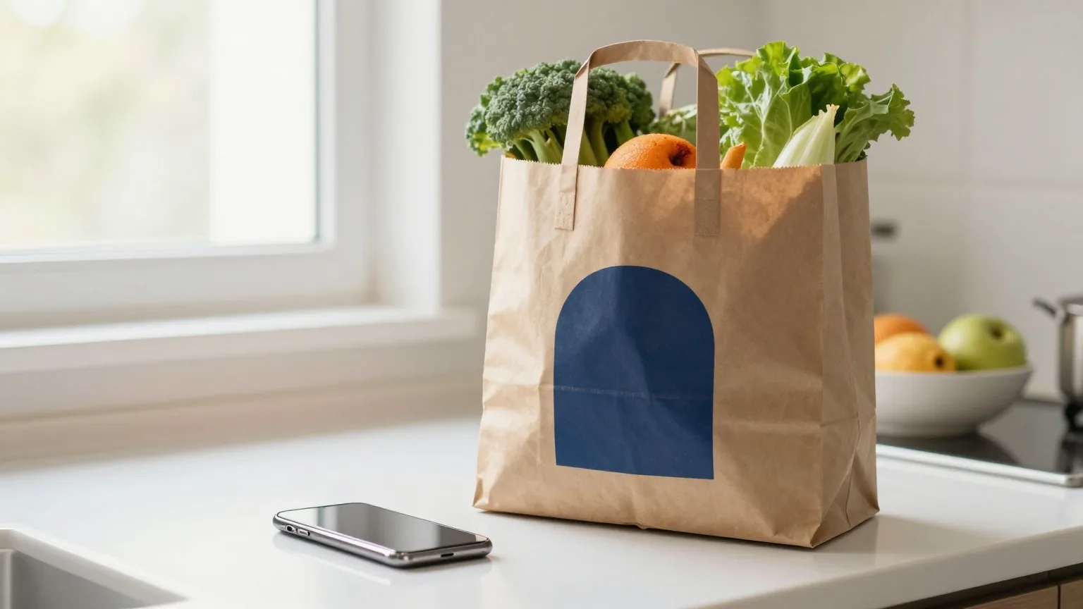 Küchenarbeitsplatte mit frisch ausgepackten Einkäufen in einer Papiertüte und einem Smartphone mit dunklem Display an einer Obstschale, helles Mittagslicht