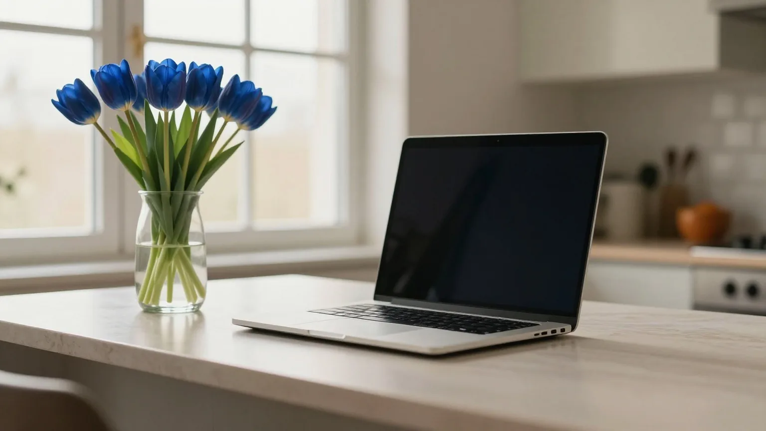 Ausgeschalteter Laptop auf einer Kücheninsel neben Tulpen in einer Glasvase, kühles Morgenlicht durch ein großes Fenster