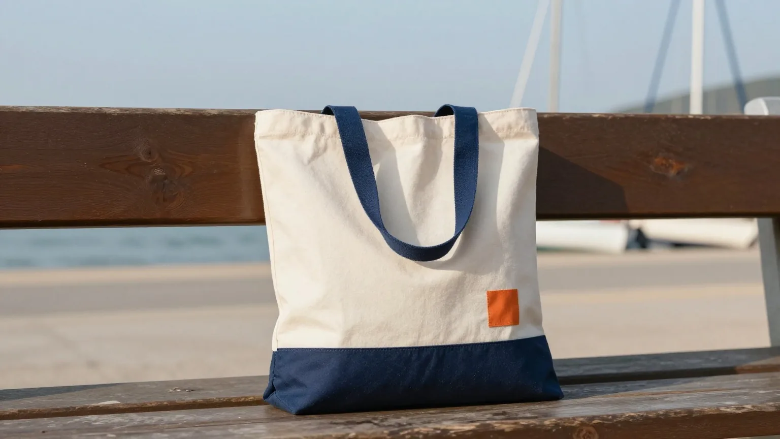 Stoffbeutel auf einer Holzbank an einer ruhigen Strandpromenade, Segelbootmasten unscharf im Hintergrund, klares Morgenlicht