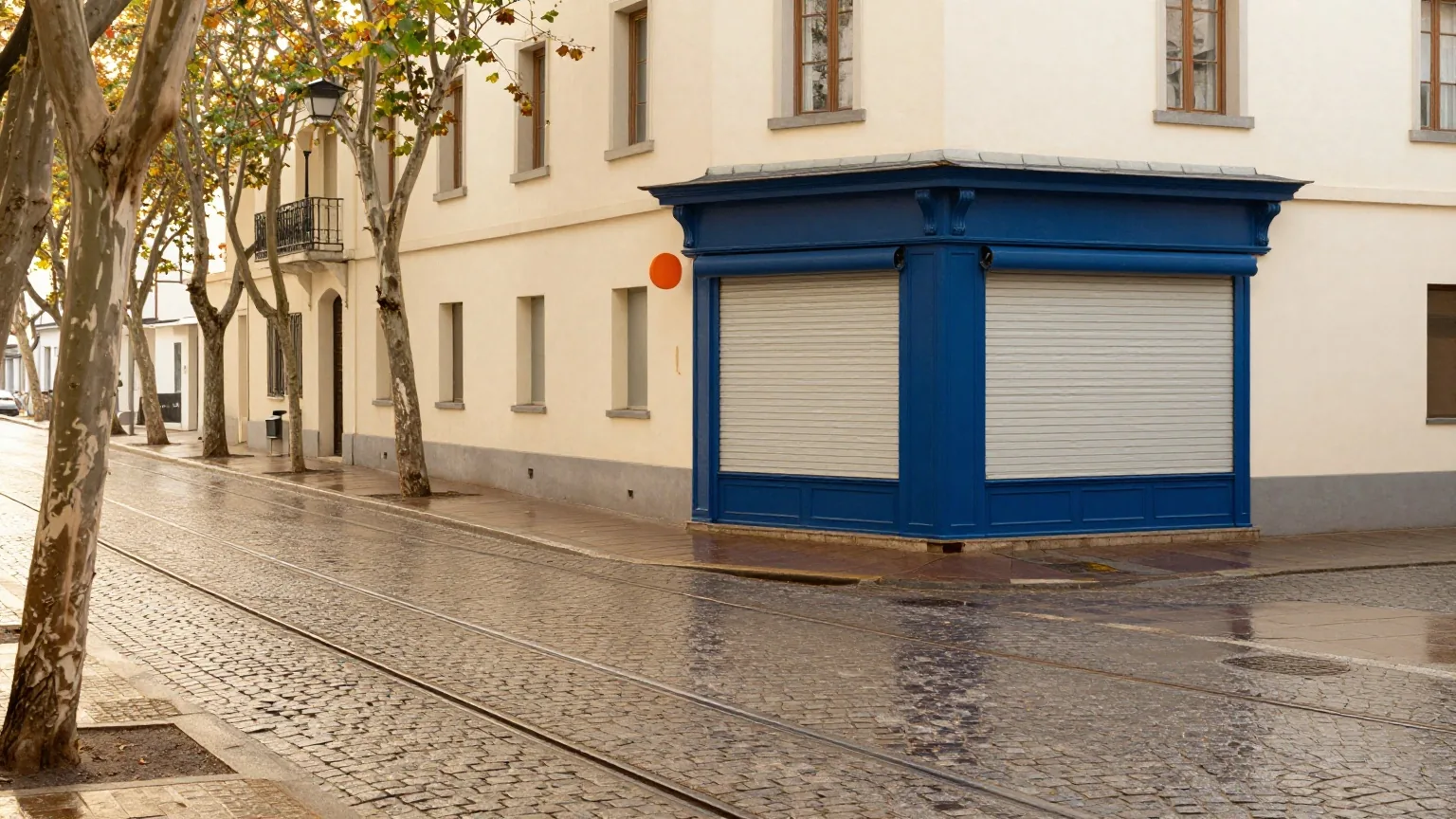 Nasse Straßenbahngleise glänzen auf einer Kopfsteinpflasterstraße zwischen Platanen im Morgengrauen, ein geschlossener Eckladen mit heruntergelassenen Rollläden, still und leer