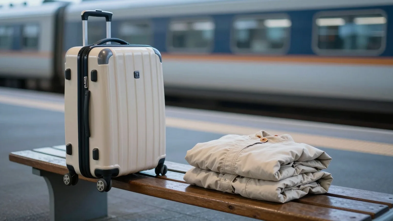 Reisekoffer und gefaltete Jacke auf einer Holzbank an einem ruhigen Bahnsteig in der Morgendämmerung