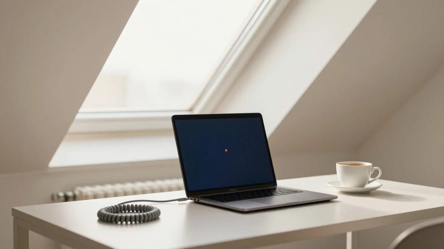 Schreibtisch unter einem Dachfenster in einer hellen Dachgeschosswohnung mit zugeklapptem Laptop, Kaffeetasse und aufgerolltem grauem Netzwerkkabel im Morgenlicht