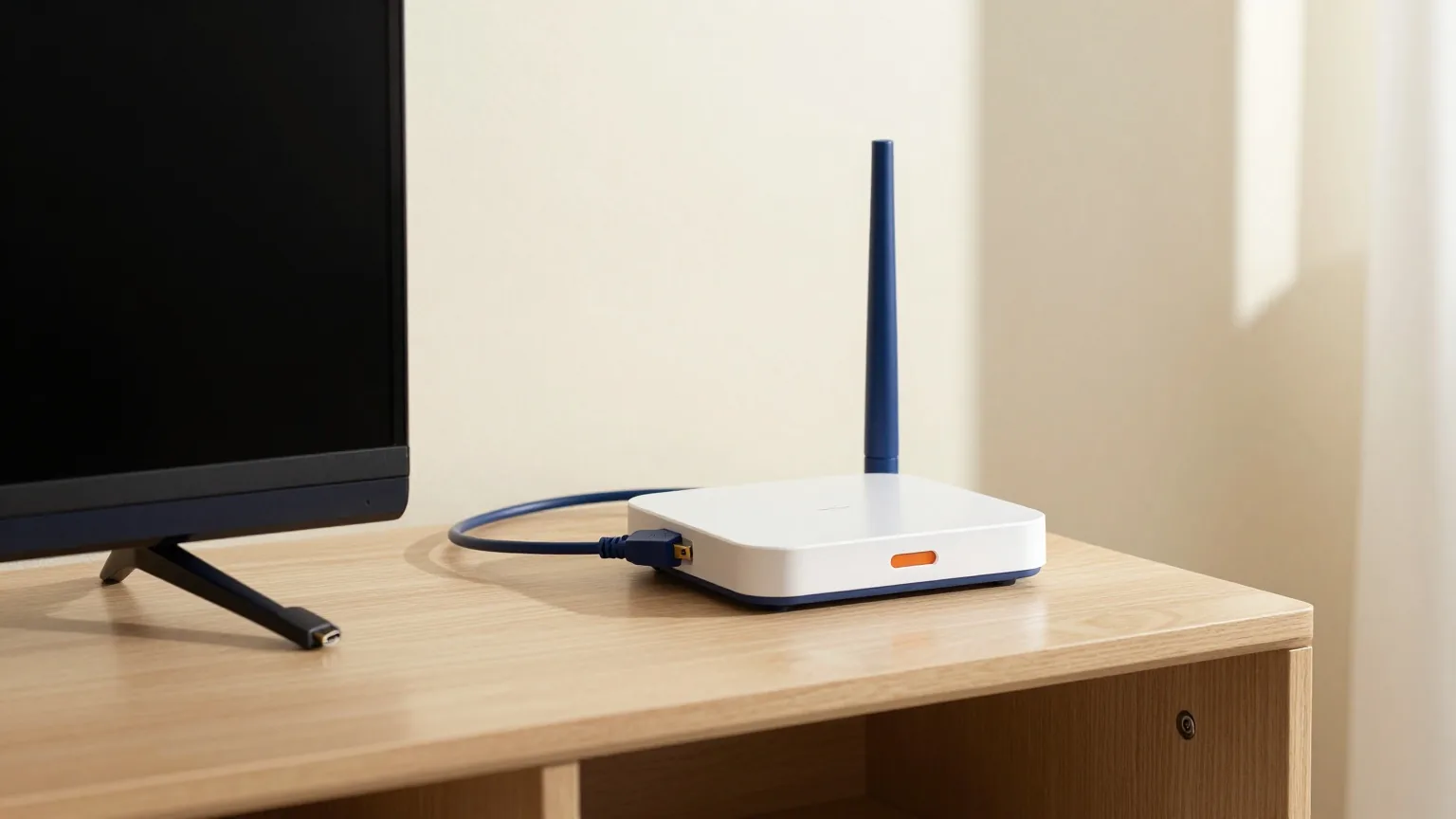 Kleine Empfängerbox und aufgerolltes Kabel auf einem niedrigen Sideboard neben einem ausgeschalteten Fernseher im Nachmittagslicht
