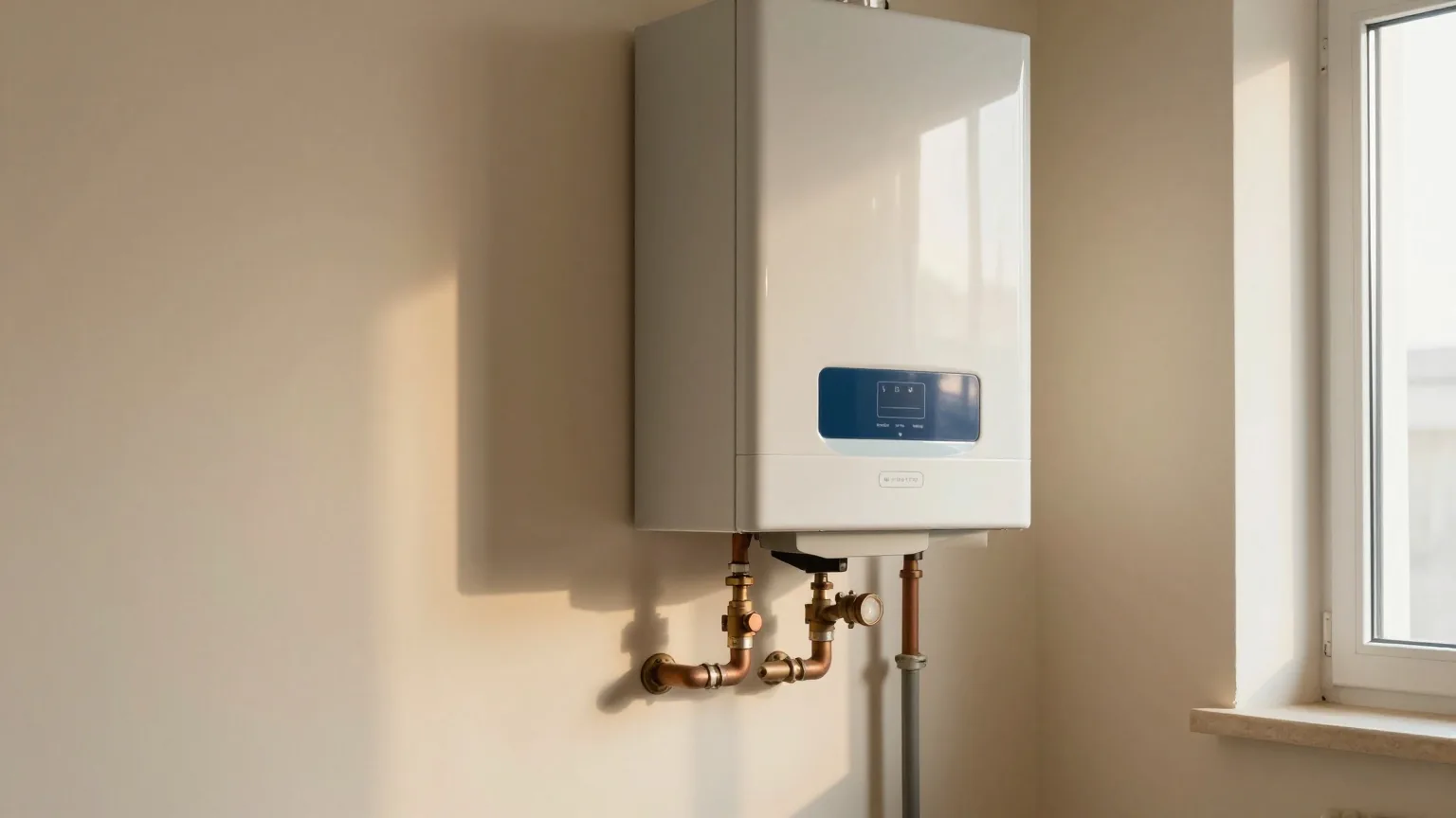 Kellerraum mit Gastherme an der Wand und gedämmten Kupferrohren, eine nackte Glühbirne leuchtet am frühen Abend