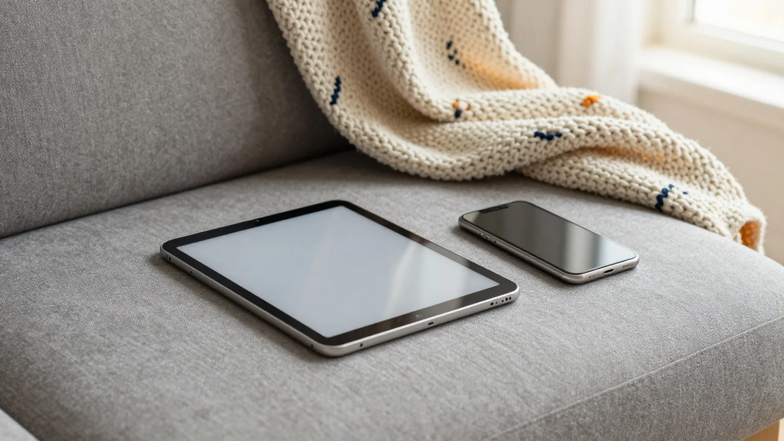 Tablet und Smartphone mit dunklen Displays nebeneinander auf einem grauen Sofakissen, Strickdecke und warmes Lampenlicht am Abend