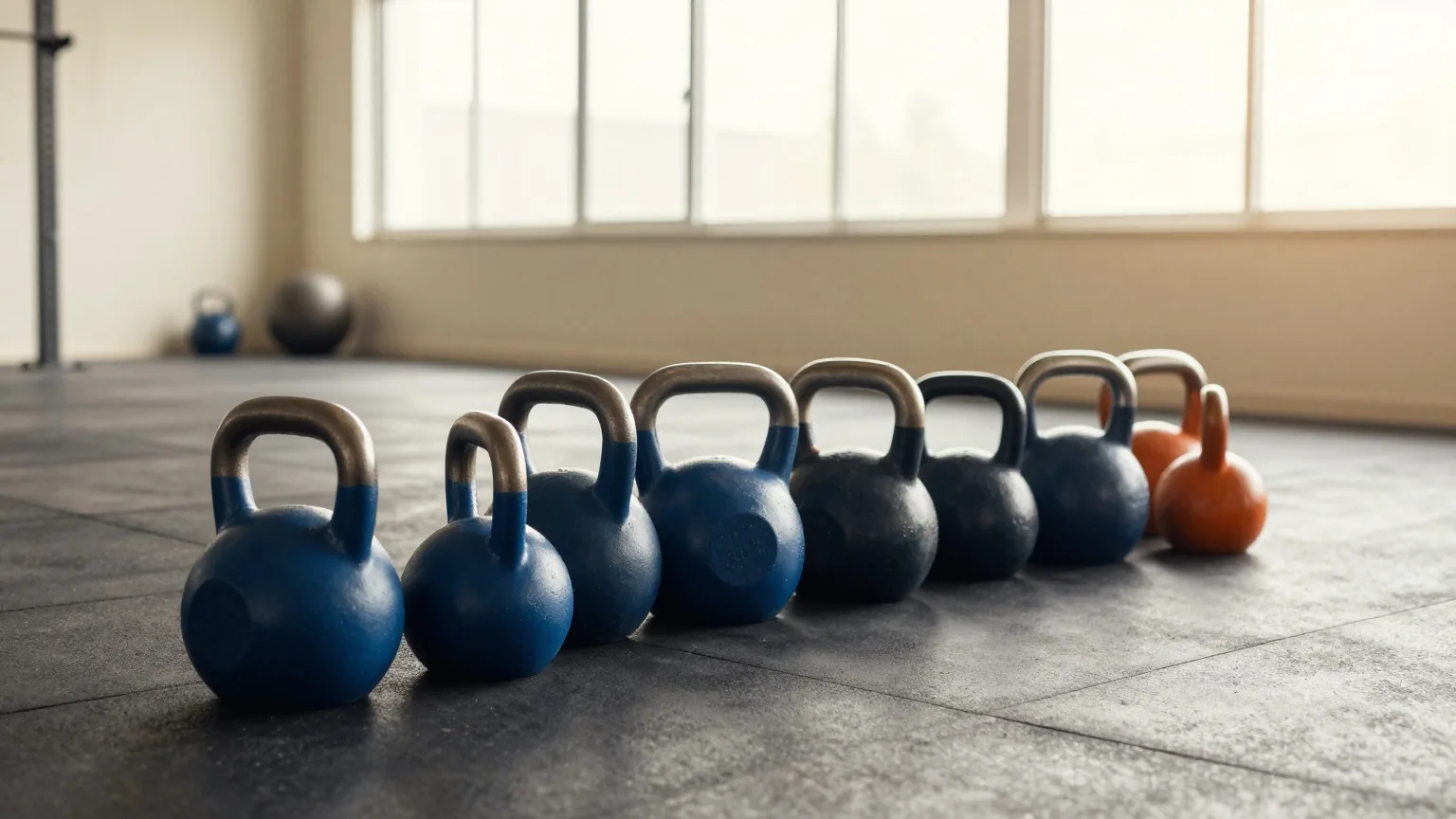 Reihe von Kettlebells in verschiedenen Größen auf schwarzem Gummiboden in einem leeren Fitnessstudio, Morgenlicht durch hohe Fenster