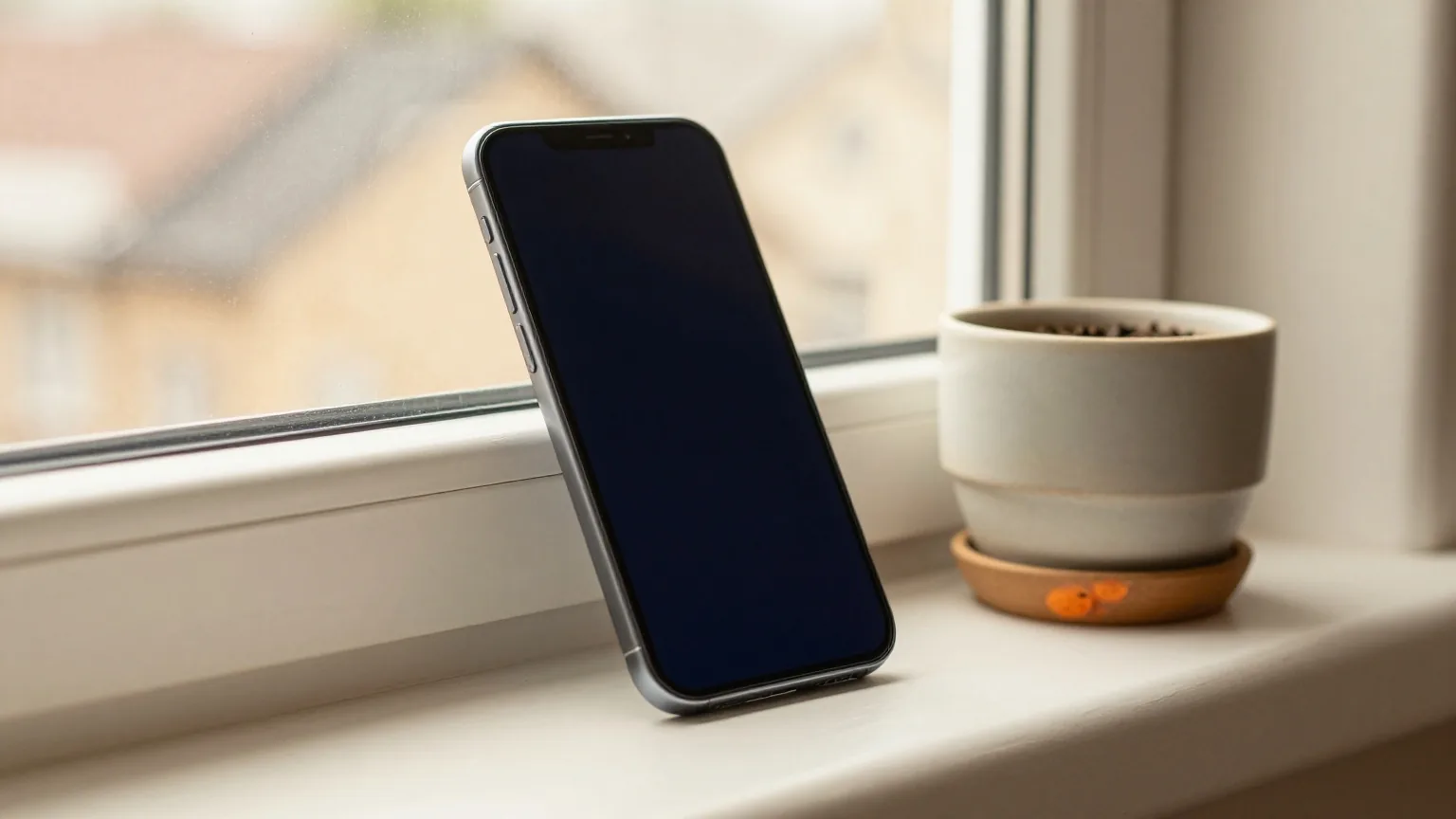 Smartphone mit ausgeschaltetem Display auf einer Fensterbank neben einem kleinen Keramiktopf, graues Regenlicht am Nachmittag, verschwommene Dächer draußen