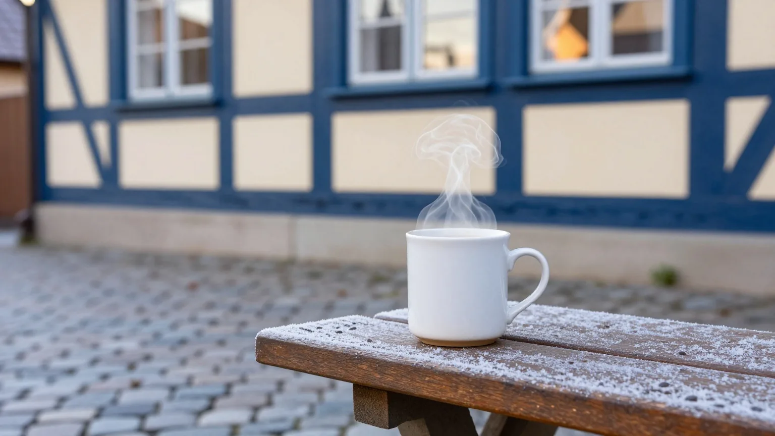Dampfender Kaffeebecher auf einer Holzbank vor einem Fachwerkhaus, Morgenfrost auf dem Kopfsteinpflaster, aus niedriger Perspektive