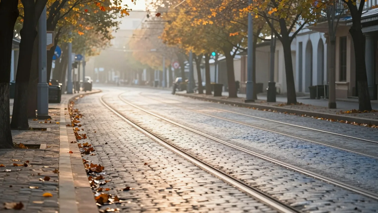 Leere Straßenbahngleise in einer Kurve entlang einer baumgesäumten Stadtstraße im Morgengrauen, Herbstlaub auf nassem Kopfsteinpflaster