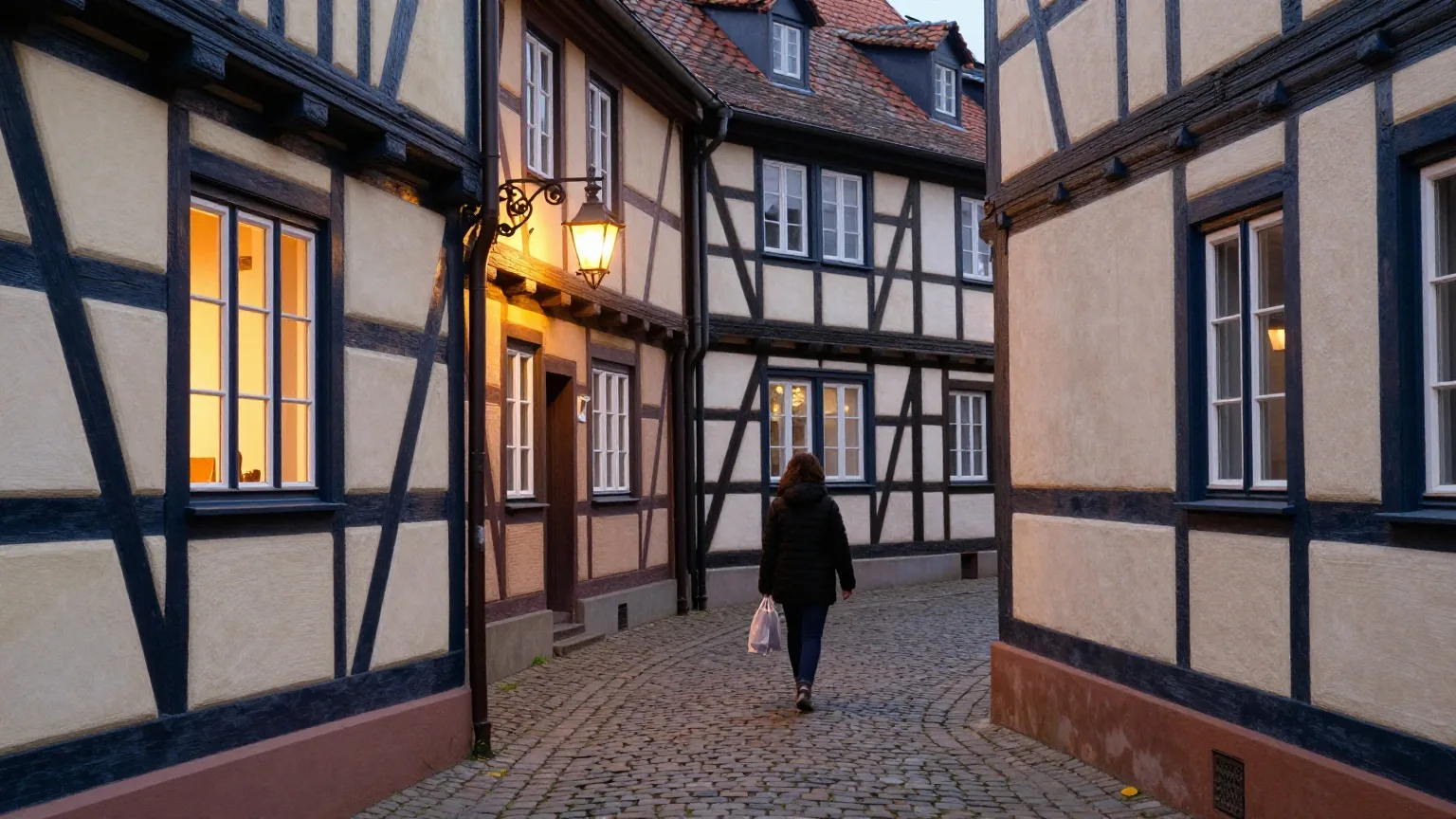 Schmale Kopfsteinpflastergasse zwischen Fachwerkhäusern in der Dämmerung, warmes Fensterlicht und eine alte Laterne, eine Person mit Einkaufstasche von hinten