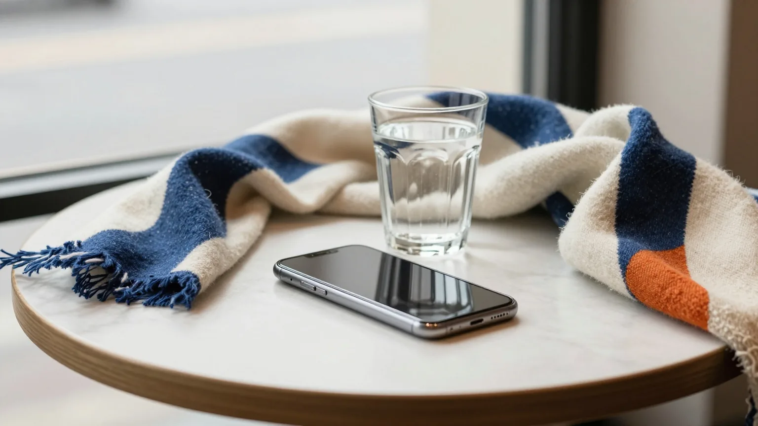 Ausgeschaltetes Smartphone auf einem Cafétisch neben einem Wasserglas und einem gefalteten Schal im weichen Tageslicht