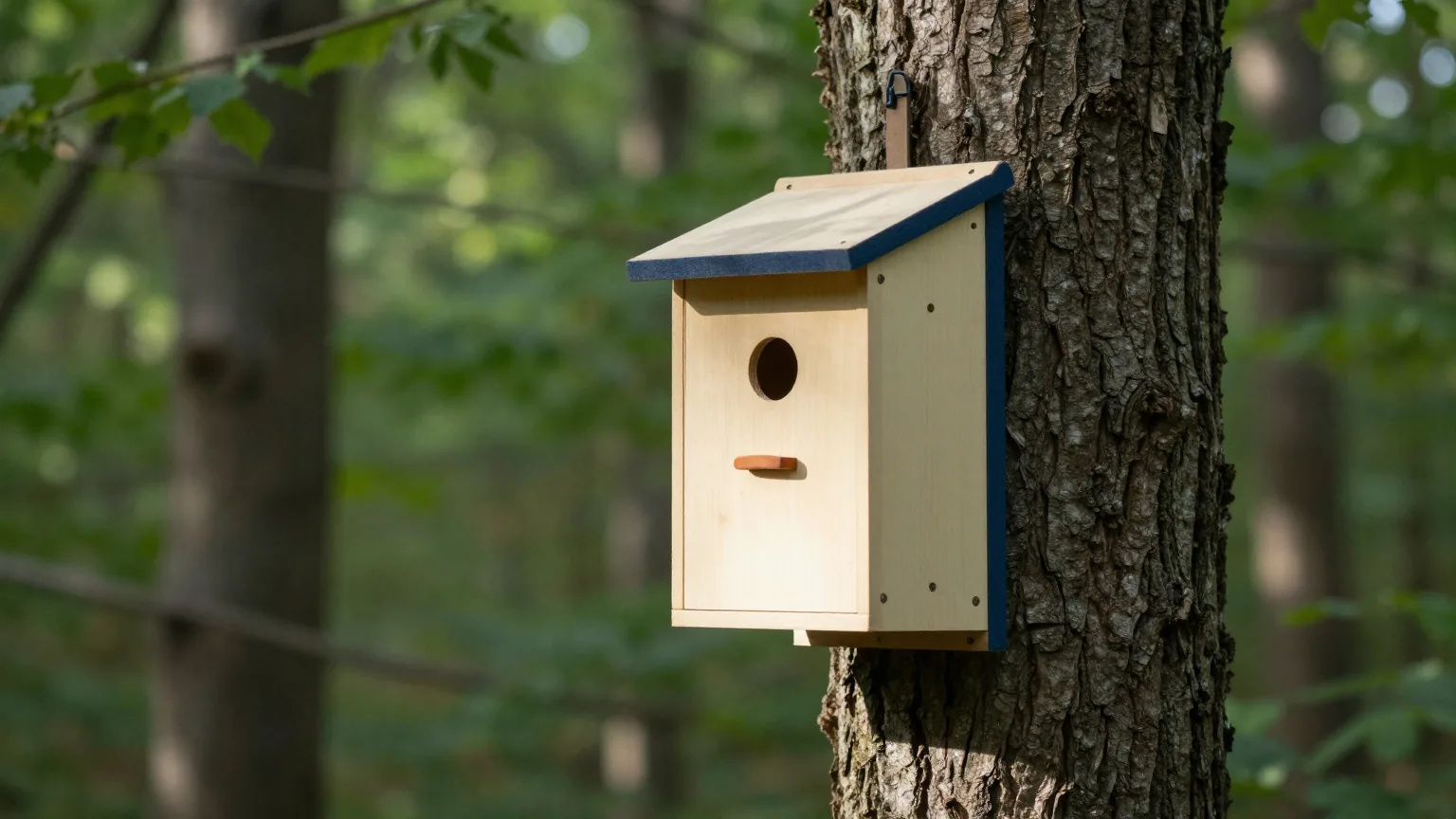 Hölzerner Nistkasten an einem Baumstamm in einem ruhigen grünen Wald, weiches Sonnenlicht fällt durch das Laub