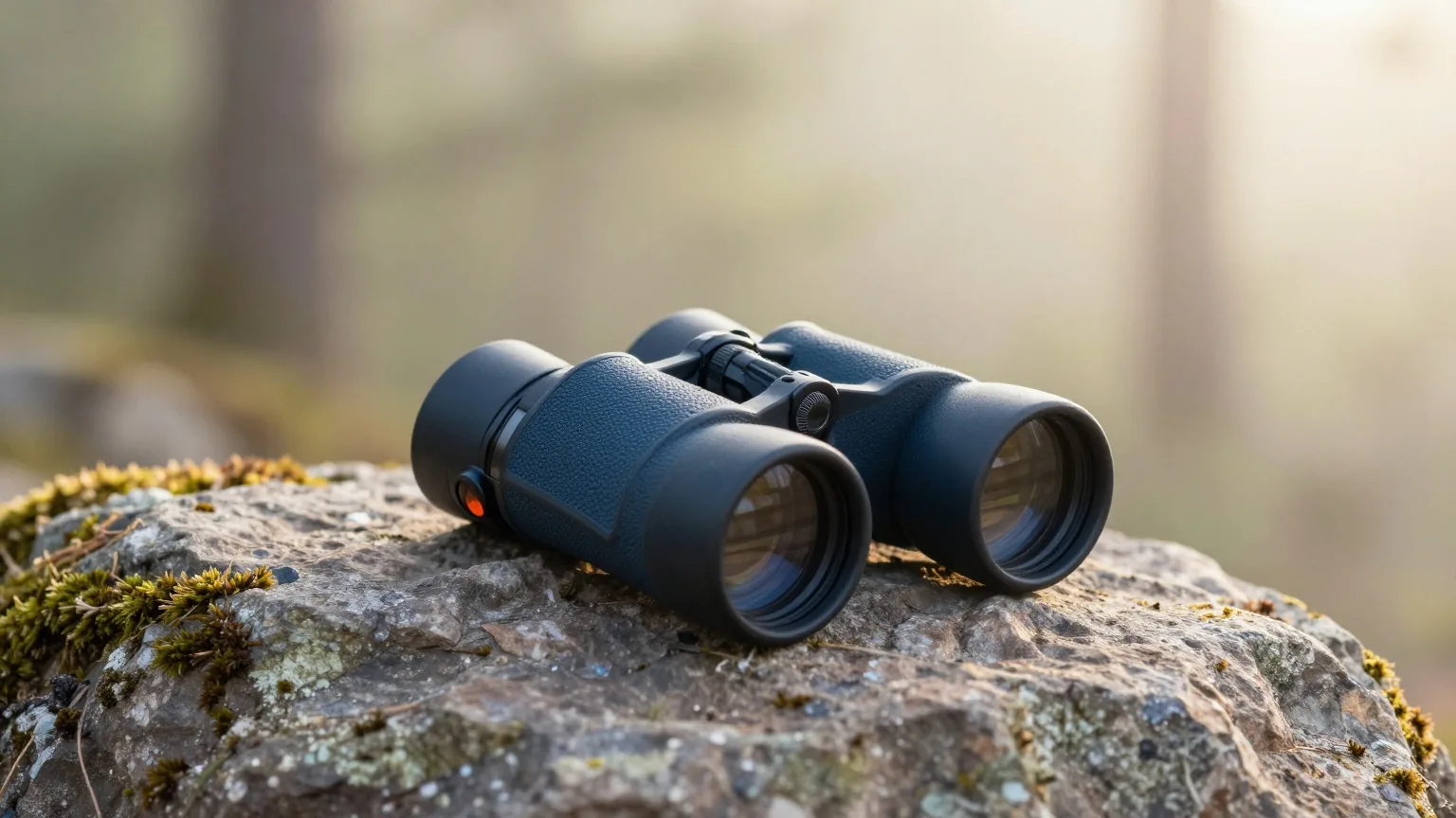 Fernglas auf einem bemoosten Fels am Waldrand in der Morgendämmerung, geringe Schärfentiefe